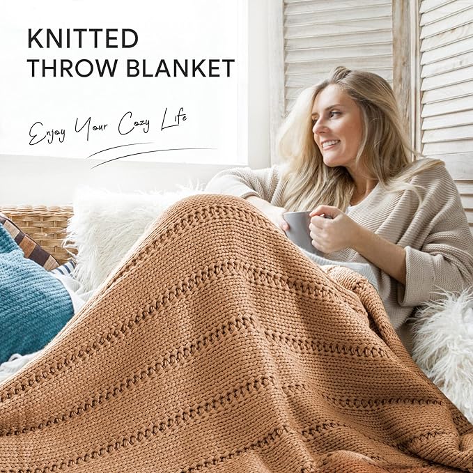 RECYCO Cable Knit Light Brown Throw Blanket, Super Soft Warm Cozy Decorative Knitted Throw Blanket 2.3LB for 50"x60"