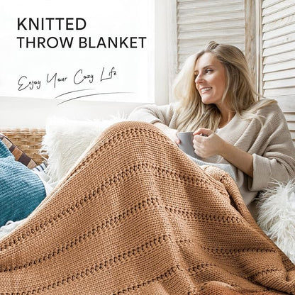 RECYCO Cable Knit Light Brown Throw Blanket, Super Soft Warm Cozy Decorative Knitted Throw Blanket 2.3LB for 50"x60"