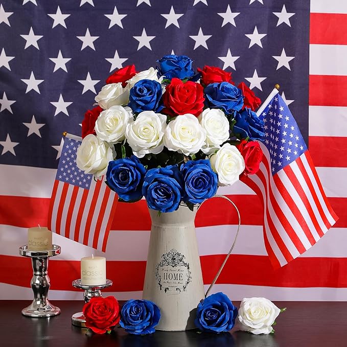 Nubry 50pcs Artificial Silk Roses Bulk,Fake Roses Flower with Stems Realistic Flowers for Wedding Centerpiece Home Party Decor(Red,White,Blue)