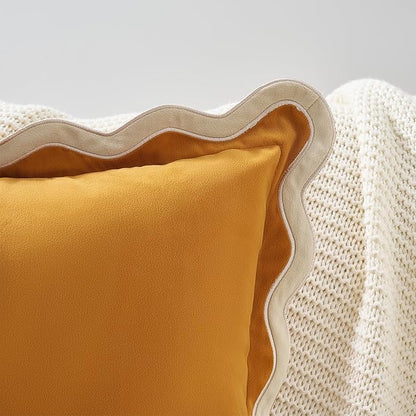 MONDAY MOOSE Decorative Throw Pillow Covers Cushion Cases, Set of 2 Soft Velvet Scalloped Wavy Edge Designs, Mix and Match for Home Decor, Pillow Inserts Not Included (Cream/Honey, 18x18 inch)