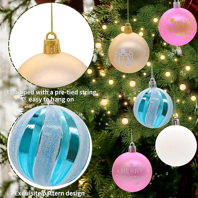40PCS 2.36" Christmas Balls Ornaments, Plastic Christmas Tree Ornaments, Holiday Baubles, Hanging Decorations for Xmas Trees Holiday Party, Blue White Pink Baubles