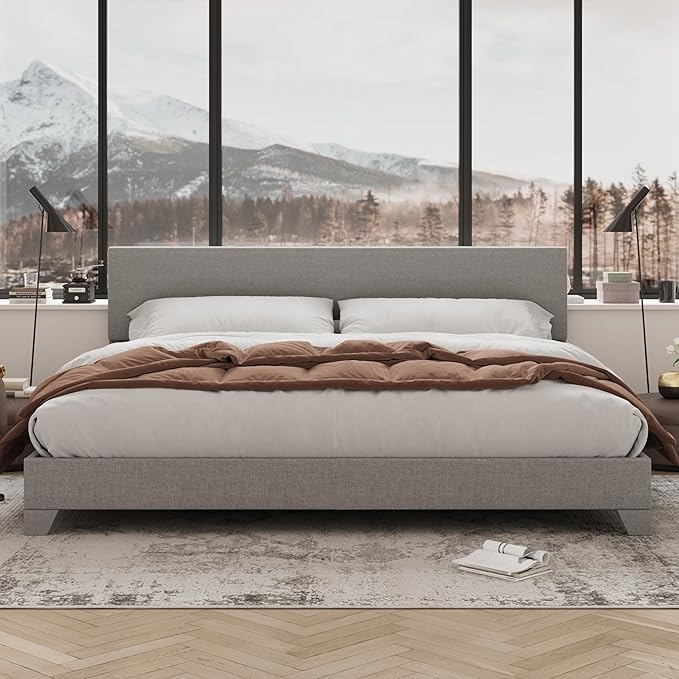 Allewie King Size Platform Bed Frame with Adjustable Upholstered Headboard, Strong Wood Slats, Heavy Duty Mattress Foundation, No Box Spring Needed, Noise-Free, Easy Assembly, Light Grey