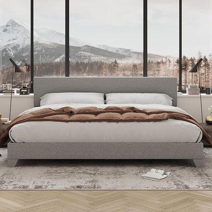 Allewie King Size Platform Bed Frame with Adjustable Upholstered Headboard, Strong Wood Slats, Heavy Duty Mattress Foundation, No Box Spring Needed, Noise-Free, Easy Assembly, Light Grey