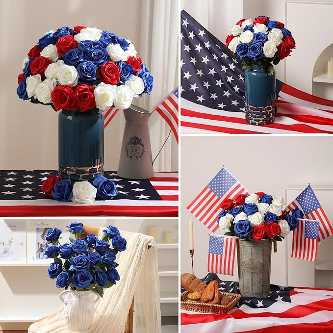 Nubry 50pcs Artificial Silk Roses Bulk,Fake Roses Flower with Stems Realistic Flowers for Wedding Centerpiece Home Party Decor(Red,White,Blue)
