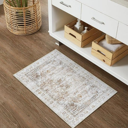 Uphome Boho Small Bath Mat, Distressed Farmhouse Light Khaki Bath Rugs, Comfy Velvet Bathroom Rugs Non Slip Washable, Vintage Oriental Toilet Rug for Sink Shower Vanity, 18x26 inch