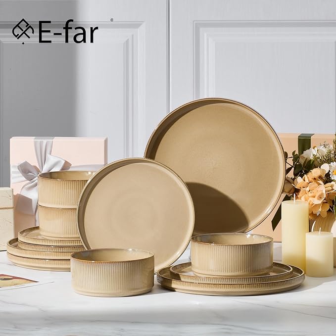 E-far 24-Piece Stoneware Dinnerware Sets, Plates and Bowls Sets for 8, Kitchen Modern Dinning Porcelain Dishes Set, Chip & Scratch Resistant, Dishwasher & Microwave Safe, Caramel Khaki