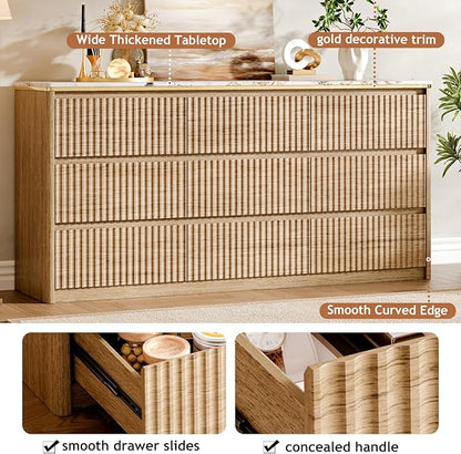 Fluted Dresser for Bedroom with 9 Drawers,62.99" Modern Chest of Drawers with Faux Marble Top, Curved Profile Design,Dresser TV Stand, Wood Drawer Organizer for Living Room, Hallway, Wood