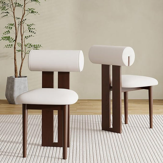 2PCS Modern Dining Chairs – White PU Leather Upholstered Dining Room Chair, Mid Century Kitchen Side Chairs with Brown Solid Wood Legs – No Assembly Required