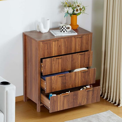 4 Drawer Double Dressers for Bedroom with Waveform Fluted Panel Design, Modern Wide Chest of Drawers,Wood Storage Dresser Chest of Drawers for Bedroom Living Room Hallway Closet,Walnut 2 Sets