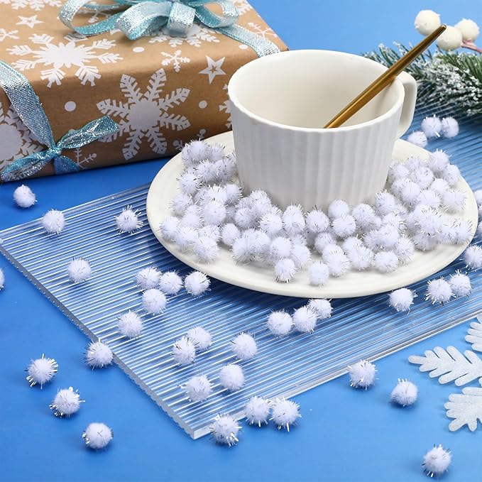 SEPGLITTER Christmas Pom Poms Balls, 1000 Pieces Light White Glitter Pompoms Pom Poms for Crafts Making DIY Holiday Christmas Decorations Supplies (0.4 inch/1 cm )