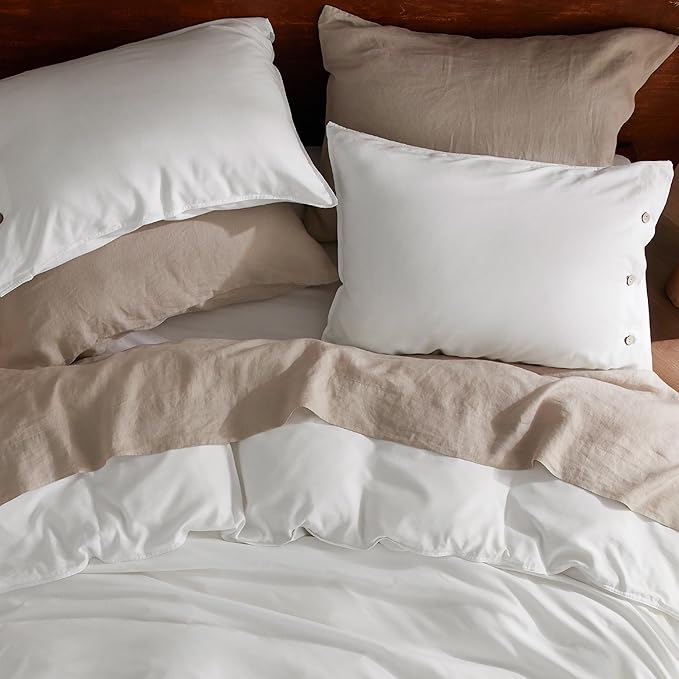 Bedsure Linen Duvet Cover King Size - Linen Cotton Blend Bedding Set, Soft & Cozy, 3 Pieces, 1 Duvet Cover 104x90 Inches and 2 Pillowcases, White Color Cooling Bedding, Comforter Sold Separately