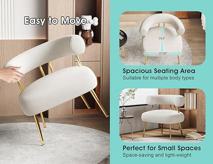 Modern Velvet Accent Chair, Round Upholstered Barrel Armchair for Small Spaces, Fluffy Side Corner Chair for Living Room, Bedroom, Vanity, Office, Reading Nook(Cream White)