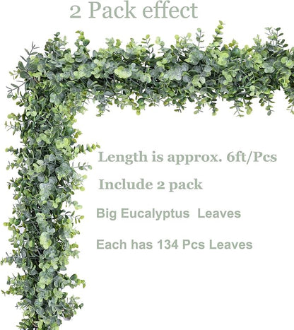 DearHouse Faux Eucalyptus Garland Plant, 2 Pack Artificial Vines Hanging Eucalyptus Leaves Greenery Garland for Wedding Backdrop Arch Wall Decor, 6 Feet/pcs UV Protected Indoor Outdoor