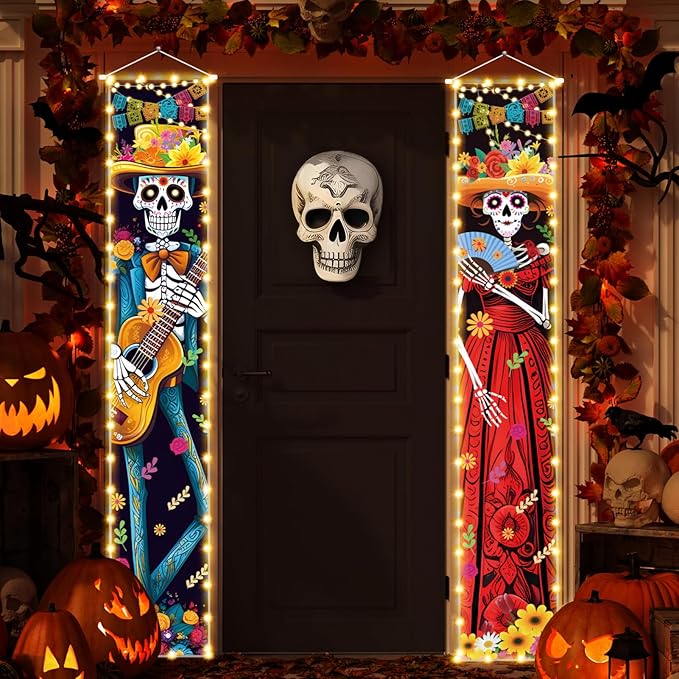 Halloween Decorations Dia De Los Muertos Lighted Porch Sign Banners Halloween Decor Mexico Day of The Dead Porch Signs Banner Indoor Outdoor Wall Door Party Decor Decoration
