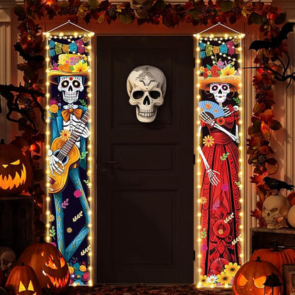 Halloween Decorations Dia De Los Muertos Lighted Porch Sign Banners Halloween Decor Mexico Day of The Dead Porch Signs Banner Indoor Outdoor Wall Door Party Decor Decoration