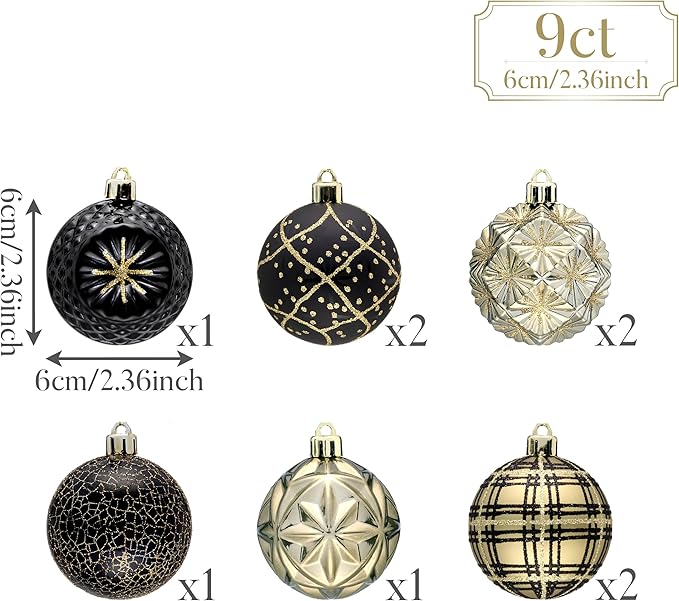 Valery Madelyn Ornaments for Christmas Trees, 9ct 2.36 Inches Black and Gold Shatterproof Christmas Tree Decorations, Luxury Hanging Ball Ornaments for Xmas Holiday Party Decor