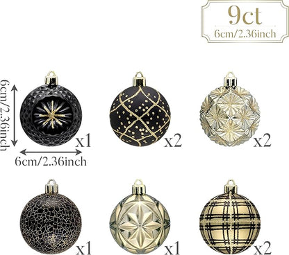 Valery Madelyn Ornaments for Christmas Trees, 9ct 2.36 Inches Black and Gold Shatterproof Christmas Tree Decorations, Luxury Hanging Ball Ornaments for Xmas Holiday Party Decor