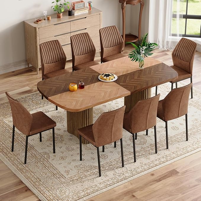 Dining Table Set for 8 - Large 79" Rectangular Kitchen Table Set for 8 with Cushioned Chairs,Modern Mid-Century Wood Dining Room Table Set for 8 Ideal for Kitchen & Gatherings