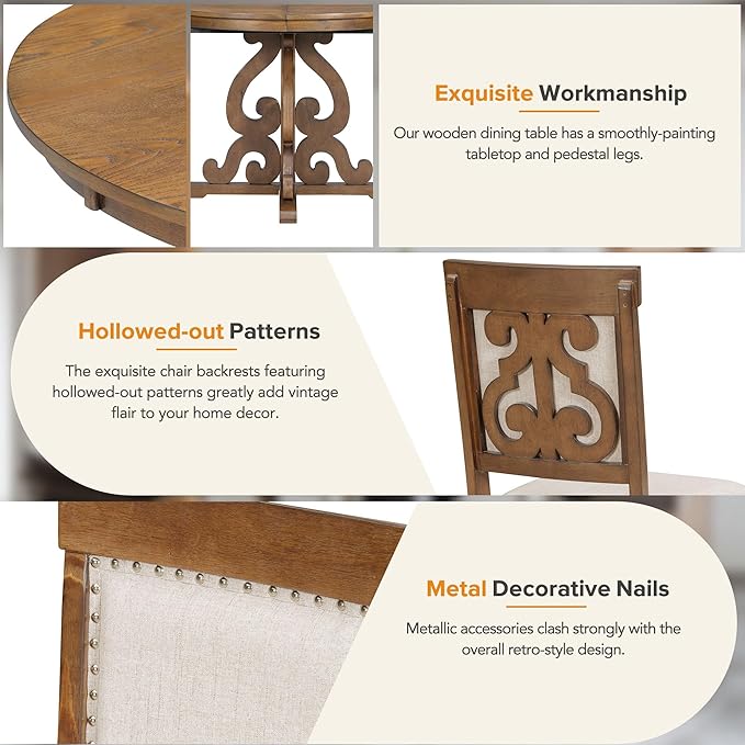 Merax Round Solid Wood Dining Table Set for 4, Farmhouse Kitchen Table Set with 4 Upholstered Chairs, 5-Piece Table and Chairs Set for Kitchen, Dining Room, Living Room, Walnut