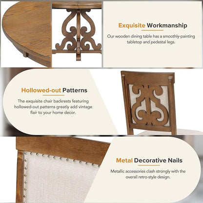 Merax Round Solid Wood Dining Table Set for 4, Farmhouse Kitchen Table Set with 4 Upholstered Chairs, 5-Piece Table and Chairs Set for Kitchen, Dining Room, Living Room, Walnut