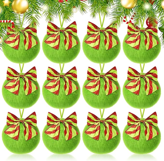 12 Pcs Lime Green Furry Christmas Ball Ornaments，3.15 Inch Xmas Tree Green Christmas Hanging Decorations Soft Faux Fur Pom Pom Ball Ornaments for Home Party Supplies Fireplace Mantel Wall Decor