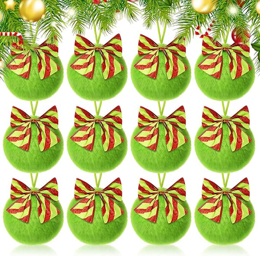 12 Pcs Lime Green Furry Christmas Ball Ornaments，3.15 Inch Xmas Tree Green Christmas Hanging Decorations Soft Faux Fur Pom Pom Ball Ornaments for Home Party Supplies Fireplace Mantel Wall Decor