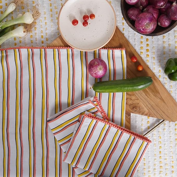 TARAN LIVING Printed Kitchen Dish Bar and Tea Towels Cotton, 18x28 inch with Trims, Cotton Dish Towel Sets (Yellow Stripes, Set of 6)