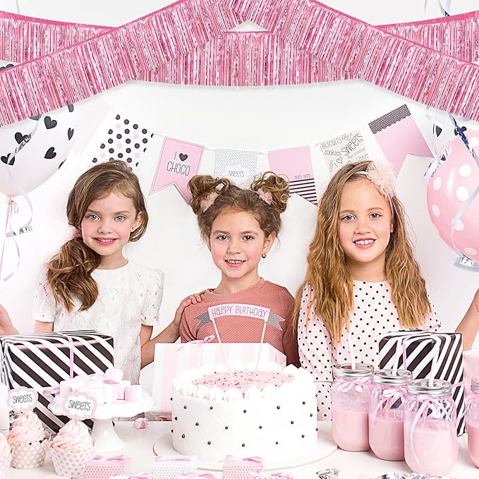 12 Pack 10 Feet Metallic Foil Fringe Garland Tinsel Streamers Banner, Pink Wall Hanging Tinsel Fringe Banners for Parade Floats, Wedding, Birthday, Christmas, New Year Party Decorations