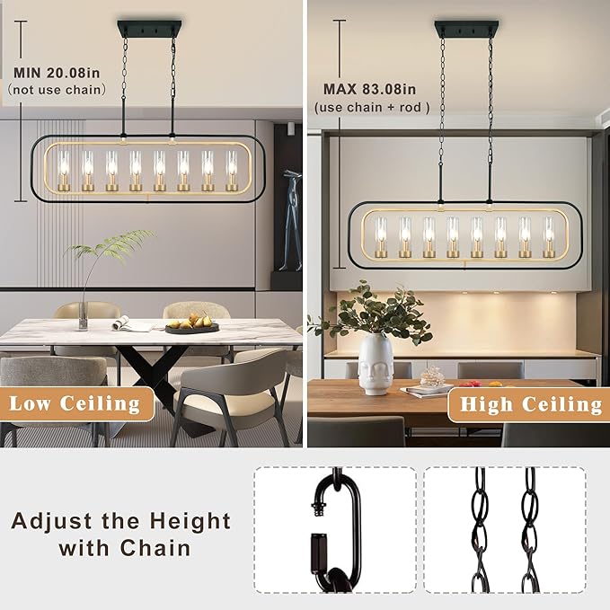 Dining Room Light Fixture, 8 Lights Modern Farmhouse Chandelier Kitchen Island Lights Black and Gold Linear Chandeliers for Dining Room, 46" Large Pendant Lights with Clear Glass