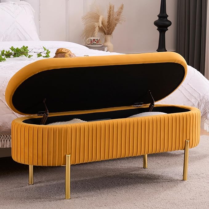 Velvet Storage Bench for Bedroom Upholstered End of Bed Bench Modern Ottoman with Gold Legs for Living Room/WindowEntryway (Mustard Yellow, Oval-45.5" W)