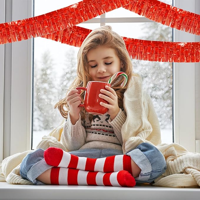 12 Pack 10 Feet Metallic Foil Fringe Garland Tinsel Streamers Banner, Red Wall Hanging Tinsel Fringe Banners for Parade Floats, Wedding, Birthday, Christmas, New Year Party Decorations