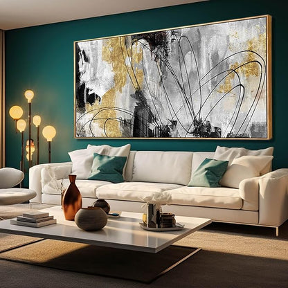 Large Canvas Wall Art Gold Abstract Paintings 29x58 Inch Wooden Framed Artwork Black Line Painting for Bedroom Bathroom Home Decor