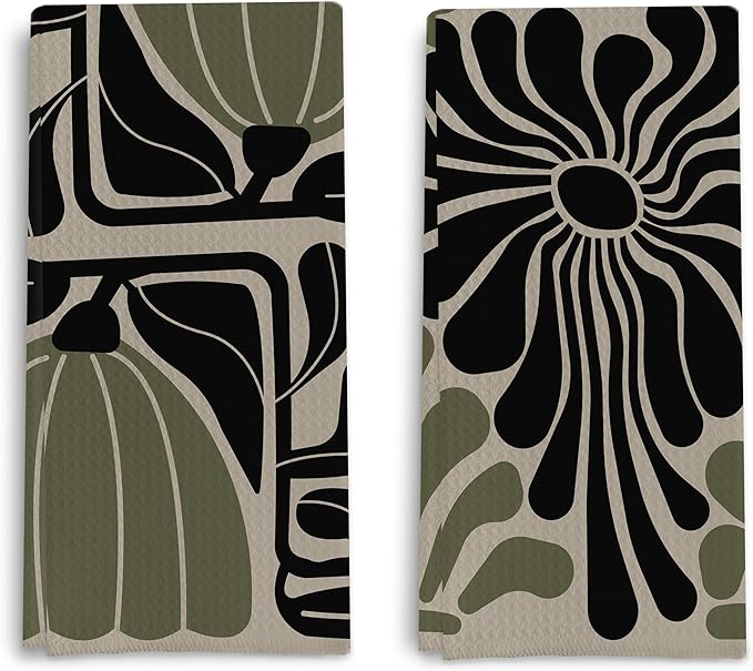 Sage Green Groovy 70s Retro Kitchen Towels Set of 2 Boho Floral Dish Towels Boho Hand Towels Boho Bathroom Decor 16x24