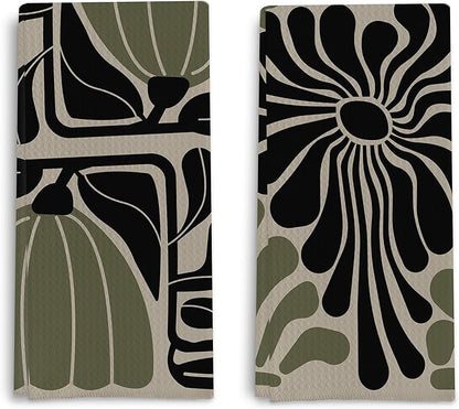Sage Green Groovy 70s Retro Kitchen Towels Set of 2 Boho Floral Dish Towels Boho Hand Towels Boho Bathroom Decor 16x24