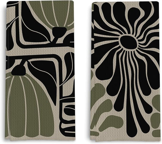 Sage Green Groovy 70s Retro Kitchen Towels Set of 2 Boho Floral Dish Towels Boho Hand Towels Boho Bathroom Decor 16x24