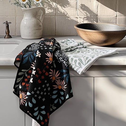 RECYCO Waffle Kitchen Towels Set of 2 Quick Dry Microfiber Sustainable Lightweight Hand Towels Enchanted Bloom 16x28