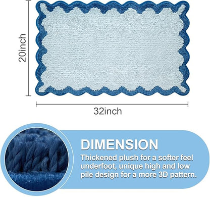 ORTIGIA Cute Blue Scalloped Bath Mat, Fun Plush Microfiber Scallop Bathroom Rugs Non Slip Washable Quick Dry Absorbent, Bathmat Bath Rug for Shower Stall Vanities Kitchen Floor Entrance, 20x32