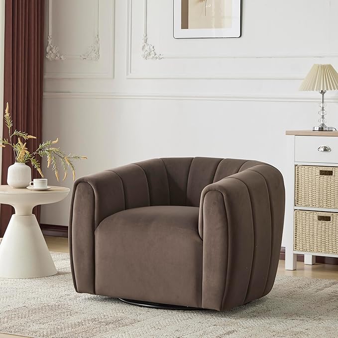 Christopher Knight Home Monroe Velvet Swivel Club Chair, Armchair with 360-Degree Rotation, Upholstered Barrel Swivel Sofa Chair for Living Room, Tufted Back, Thick Cushion, Iron Base, Dark Brown