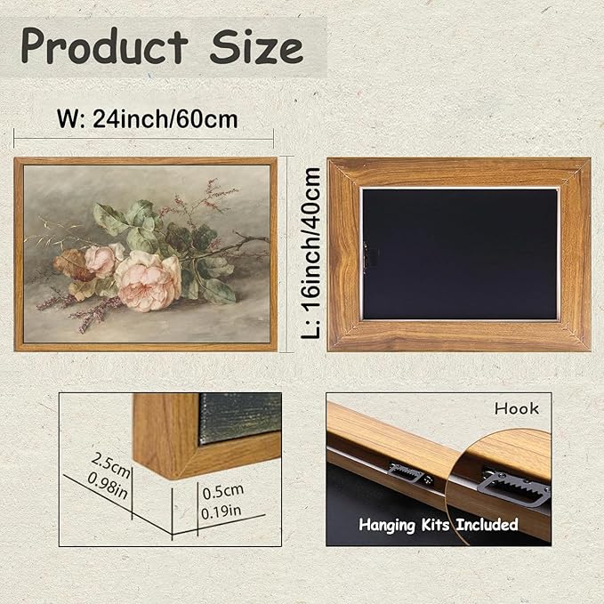 KBKBART Vintage Wall Decor Prints, Retro Still Life Flower Canvas Wall Art, Framed Classical Pink Botanical Print, Vintage Art Painting Flower Wall Decor for Bedroom Living Room Bathroom Gallery(16"x24")