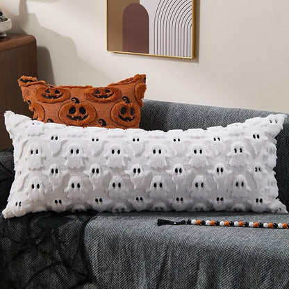 DFXSZ Halloween Pillow Covers 14x36 inch White Ghost Throw Pillow Cases Soft Plush Faux Fur Wool Cushion Case for Chair Bedroom Living Room Home Decor PTK03A14