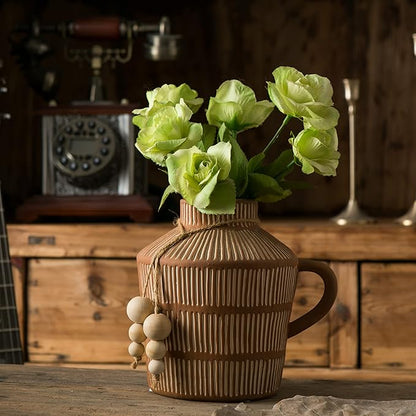 Rustic Farmhouse Vase with Handle and Boho Wooden Beads - Terracotta Vase with Vertical Stripes for Vintage Home Decor