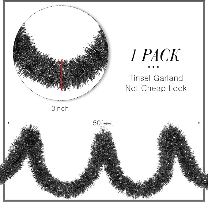 WILLBOND 50 ft Christmas Tinsel Garland Metallic Tinsel Twist Garland Christmas Tree Decorations New Year Wedding Birthday Hanging Decorations Party Supplies, 3 Inch(Black)