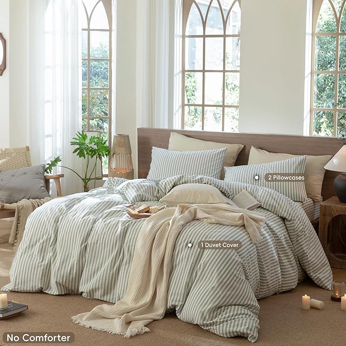 MooMee Striped Duvet Cover Set 100% Washed Cotton Linen Like Textured Breathable Durable Soft Comfy (Sage Green White Classic Stripes, Full 80"x90")