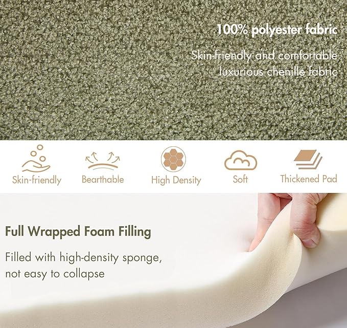 3-Piece Nesting Upholstered Bench with 2 Stools, 53" Chenille Accent Chair Waterfall Bench Modern End of Bed Entryway Bench Bedroom Bench for Living Room Vanity, Green, No Need to Install