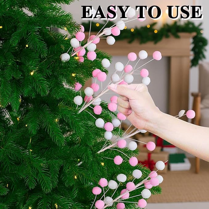 6 Pcs Pink White Pom Poms Christmas Decorations & Felt Christmas Picks and Sprays DIY Xmas Tree Toppers, Festive Tree Filler & Decor (PinkWhite)