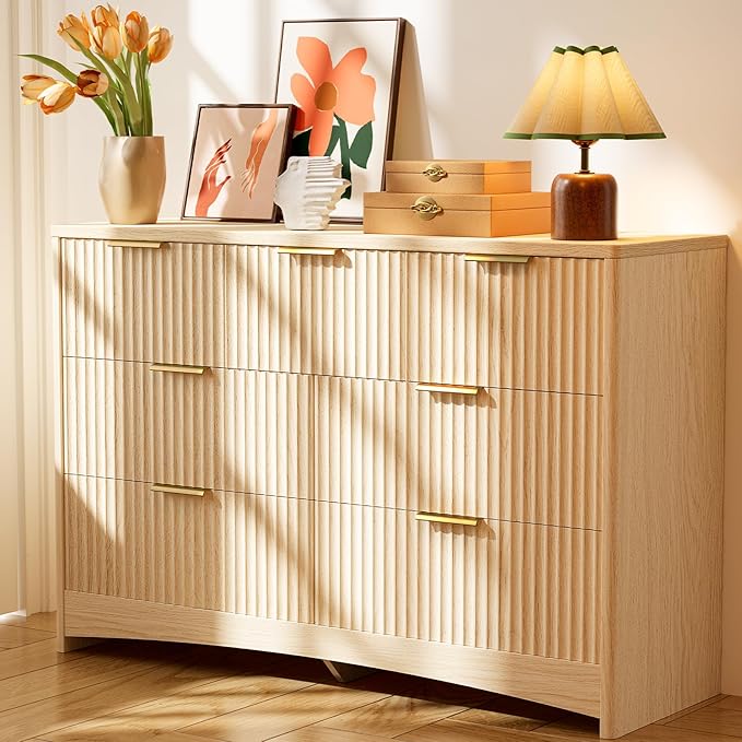 Pipishell Fluted 7 Drawers Dresser, Modern Wood Chest of Drawers, Dressers with Round Edge Design, Dresser TV Stand, Wood Drawer Organizer for Bedroom, Living Room, Hallway, Natural Oak