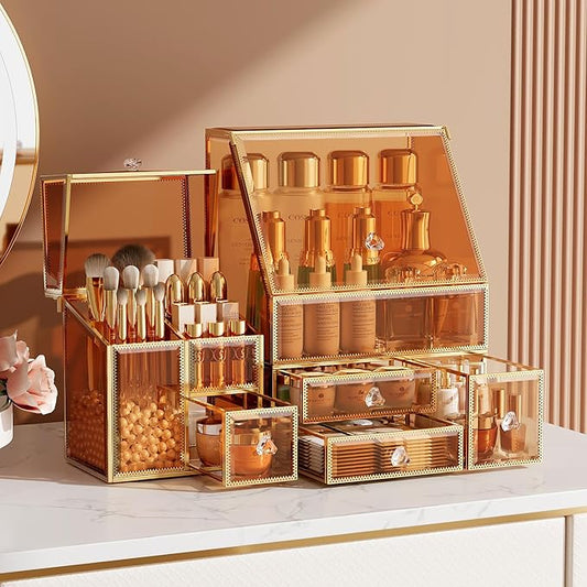 Makeup Organizer Amber,Glass Vanity Organizer for Skincare, Lipsticks, Perfume, Makeup Brushes – Countertop Cosmetic Storage Box for Women, Bathroom & Dresser