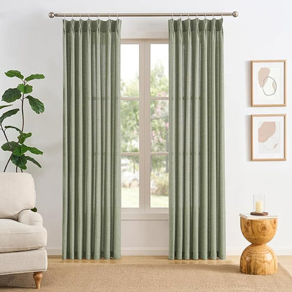 RAIN CITY Sage Sheer Curtains 90 Inches Long Linen Blend Fabric Modern Cottage Core Drapes for Living Room Bedroom Pinch Pleated Back Tab Boho Green Curtain Panels 2 PCs