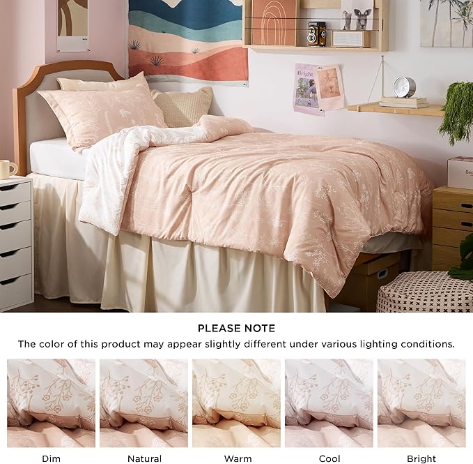 Bedsure Twin/Twin XL Comforter Set - Dusty Rose Bed Set, 2 Pieces Cute Floral Bedding, 1 Soft Reversible Botanical Flowers Comforter and 1 Pillow Sham