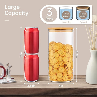 45oz - 3 Pack Glass Jars with Bamboo Lids, Glass Pantry Storage Containers with Airtight Lids, Round Air Tigh Food Storage Canisters for Cereal, Pasta, Flour, Sugar, Rice, Best for Kitchen Organizer
